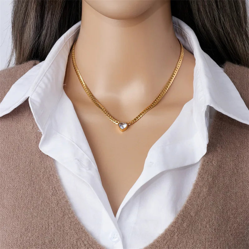 Stainless Steel Heart-Shaped Green White Crystal Pendant Necklace Bracelet For Women Fashion Jewelry Set Party Gift