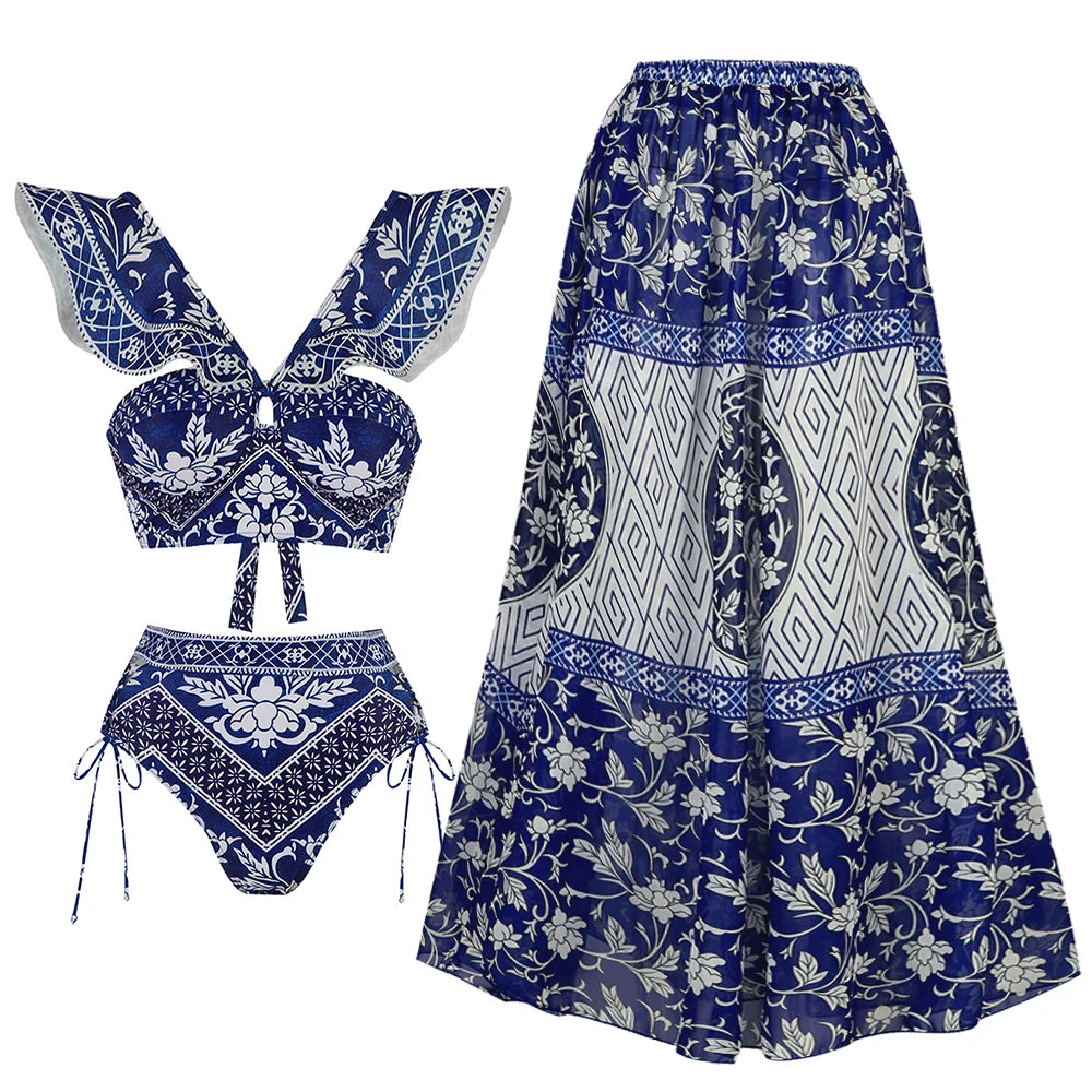 2-Piece Shoulder Ruffle Swimsuit With Cover Up Sexy Women
