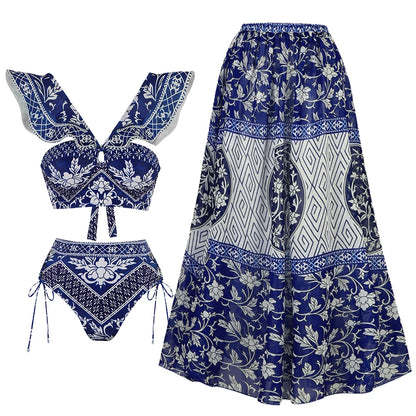 2-Piece Shoulder Ruffle Swimsuit With Cover Up Sexy Women