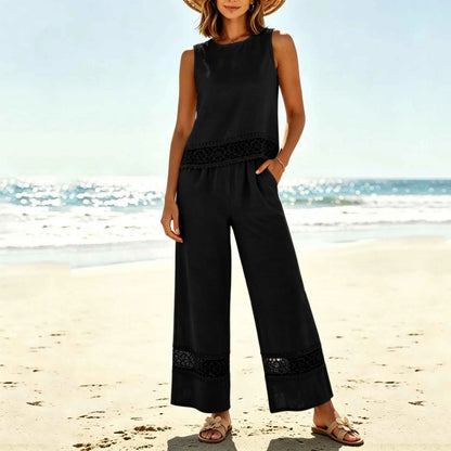 Women's 2 Piece Lace Set - Crop Top & Wide Leg Pants
