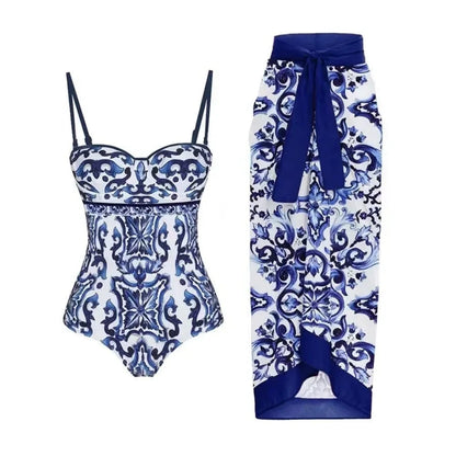 Bikini Two-Piece Set Blue Porcelain Print Retro Beach