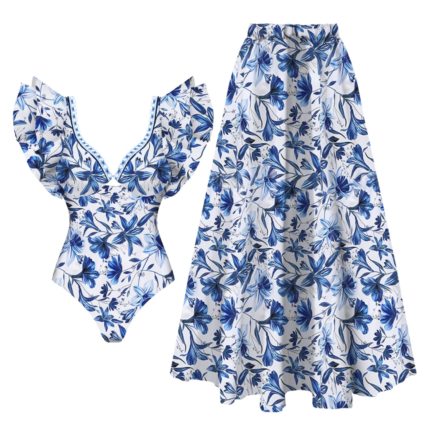 2-Piece Shoulder Ruffle Swimsuit With Cover Up Sexy Women