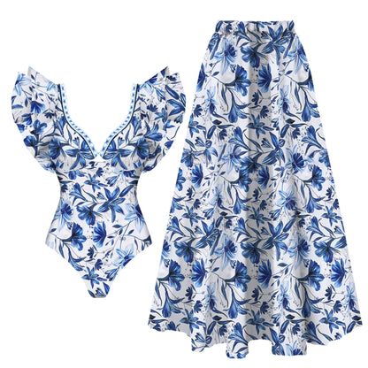2-Piece Shoulder Ruffle Swimsuit With Cover Up Sexy Women