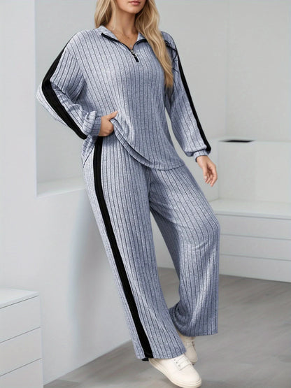 Elegant Casual 2-Piece Suit | Zipper Collar Long-Sleeve Top