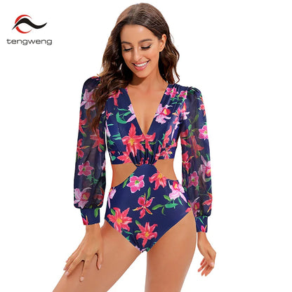 Sexy High Waist One Piece Swimsuit Women V Neck
