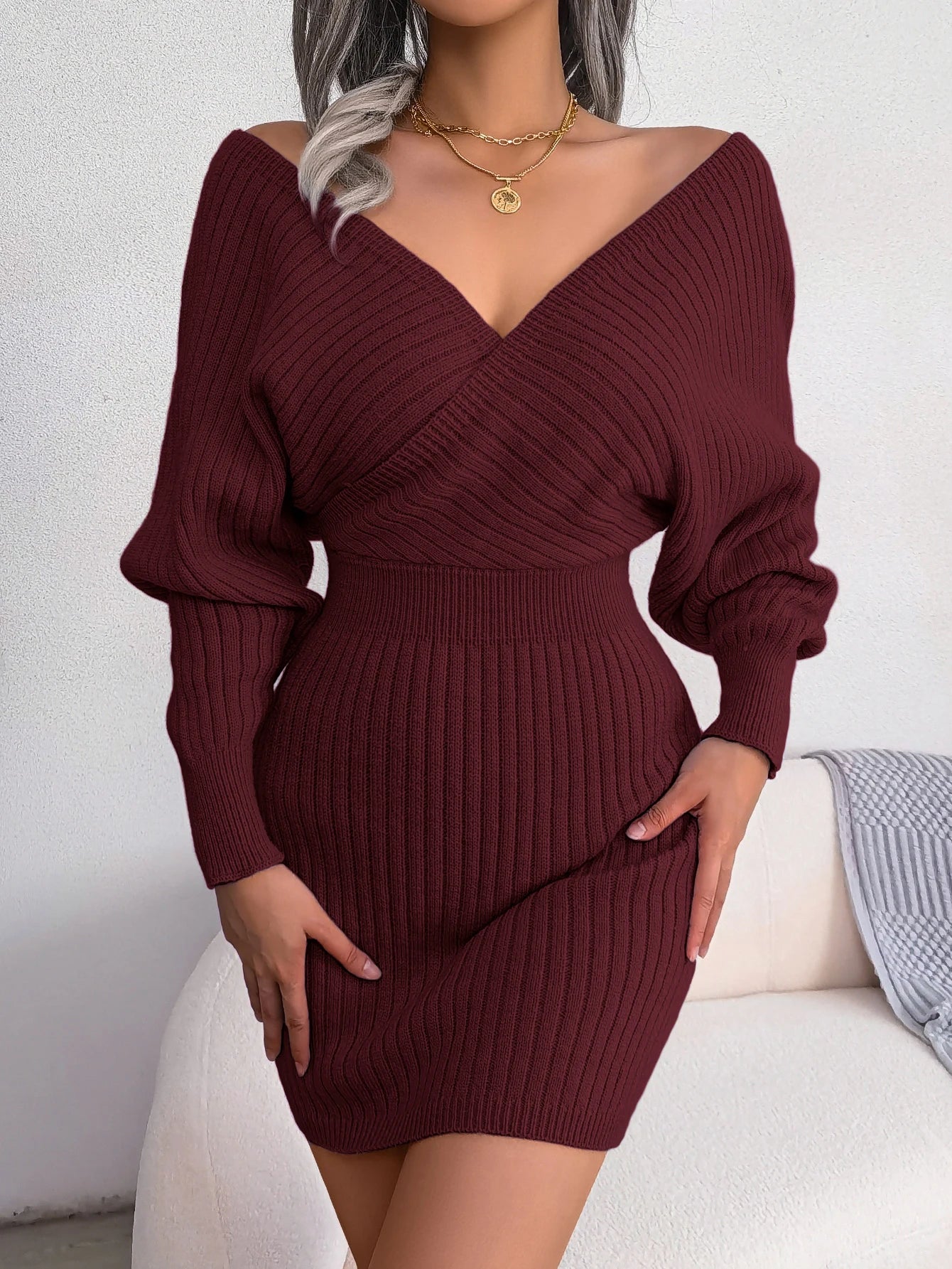 1) Bodycon Sweater Dresses For Women 2023 Autumn Winter Casual Long Sleeve Knitted Clothes White Green Blue Black Purple