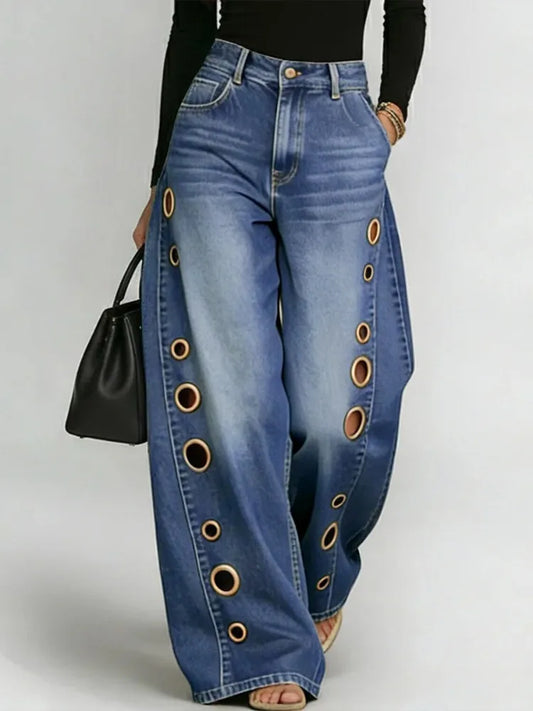 Women's Washed Blue High-Waist Metal Grommet Wide
