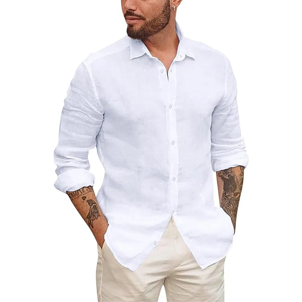 Mens Button Up Shirts for Men Long Sleeve Cotton Linen Hawaiian Beach