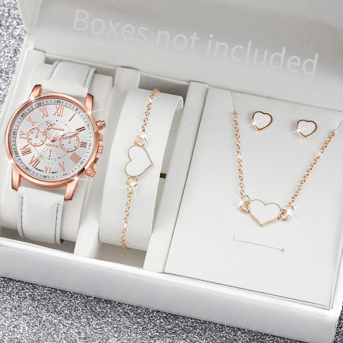 5/6PCS Fashion Women's Quartz Watch Leather Band Analog Wrist Watches Heart Rhinese Jewelry Set(Without Box)