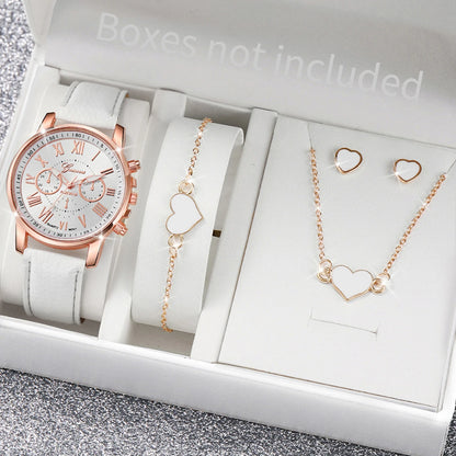 5/6PCS Fashion Women's Quartz Watch Leather Band Analog Wrist Watches Heart Rhinese Jewelry Set(Without Box)