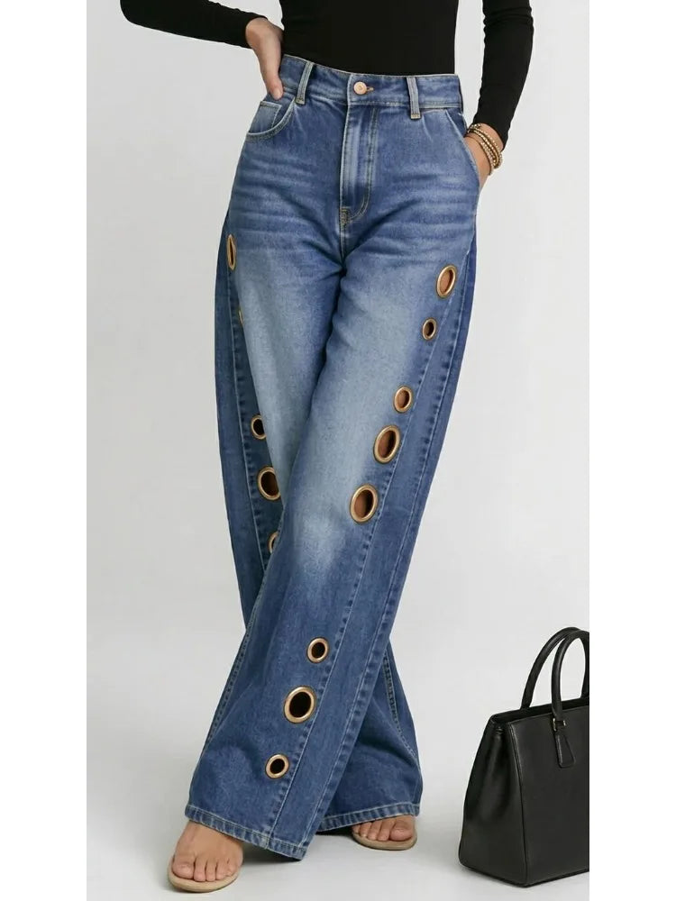 Women's Washed Blue High-Waist Metal Grommet Wide