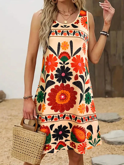 Women’s Sleeveless Boho Floral Dress Colorful Flower Print Mini Dress