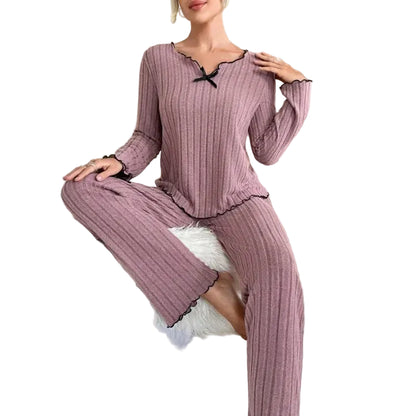 Women Autumn Winter Sleepwear Ribbed Pajamas Set Long Sleeve