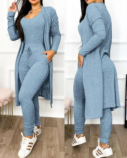 Autumn Women's New Drawstring Pocket Design Jumpsuit & Coat Set