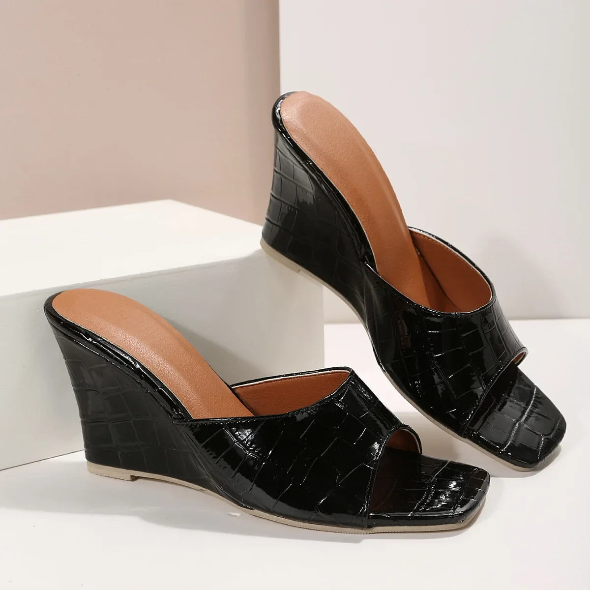 Snake Print Leather Wedges Shoes For Women