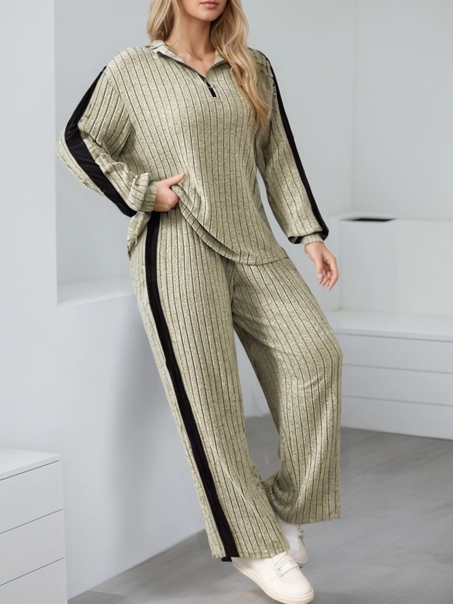 Elegant Casual 2-Piece Suit | Zipper Collar Long-Sleeve Top
