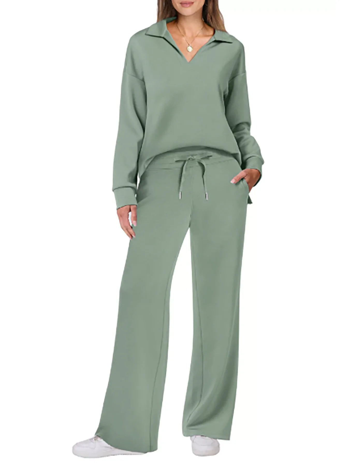 1 European and American Autumn and Winter New Fashion Casual Women's Long Sleeved Drawstring Solid Color Commuting Pants Set