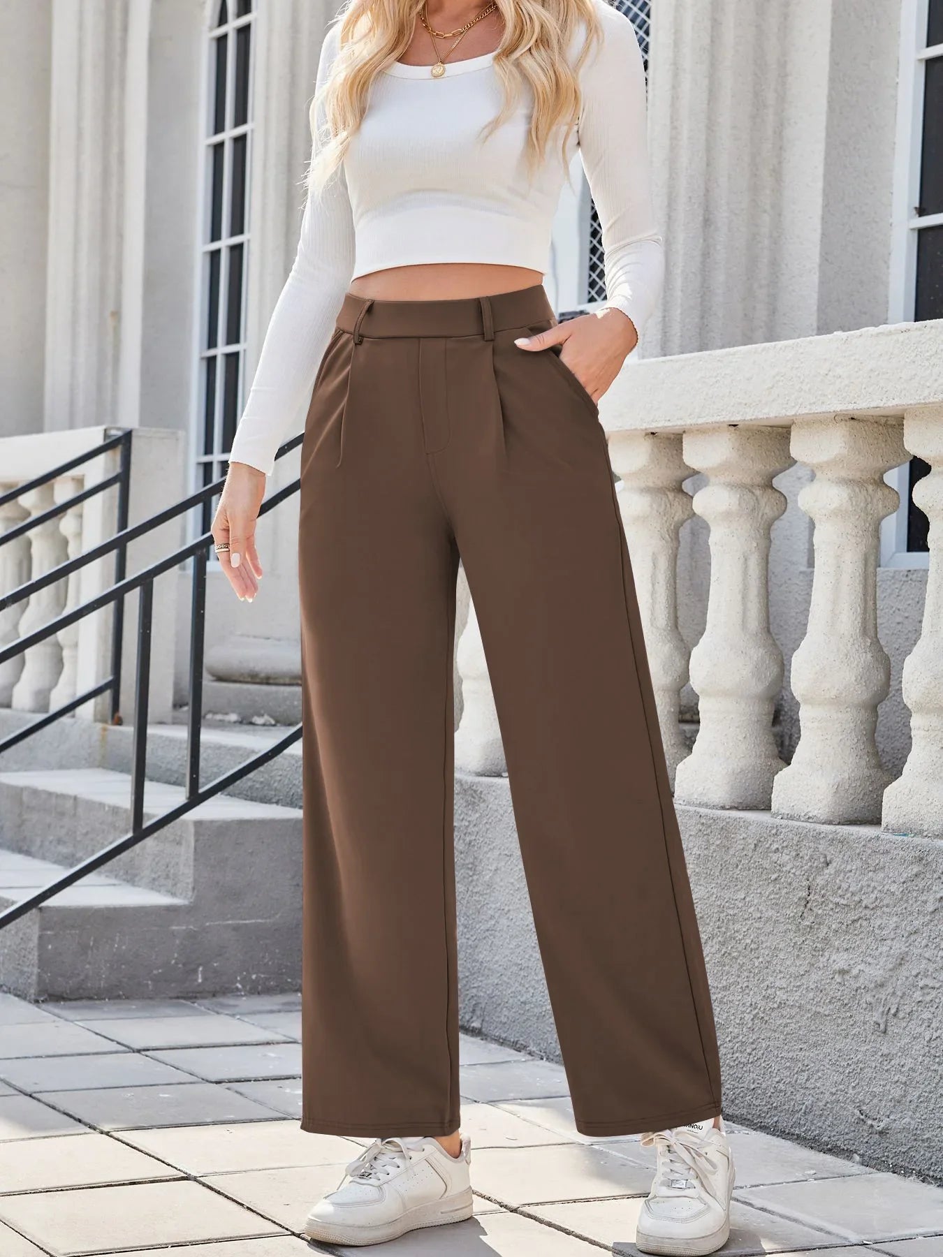 Flex High Waisted Work Pants Plicated Side Pockets Straight Leg