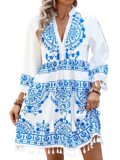 White background wavy pattern women's mid-length dress, casual, vacation style
