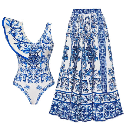 2-Piece Shoulder Ruffle Swimsuit With Cover Up Sexy Women