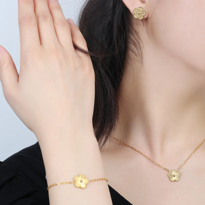 Clover Five Leaf Flower Stainless Steel Bracelet Necklace Earrings Jewelry