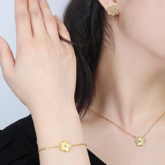 Clover Five Leaf Flower Stainless Steel Bracelet Necklace Earrings Jewelry