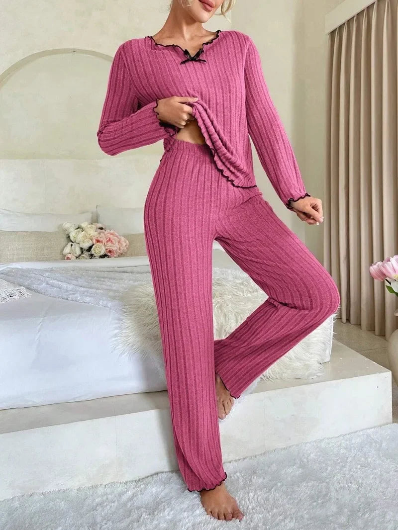 Women Autumn Winter Sleepwear Ribbed Pajamas Set Long Sleeve