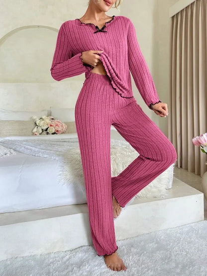 Women Autumn Winter Sleepwear Ribbed Pajamas Set Long Sleeve