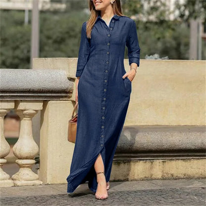 Autumn Elegant Women's Denim Dress Long Sleeve Buttons Shirt Long