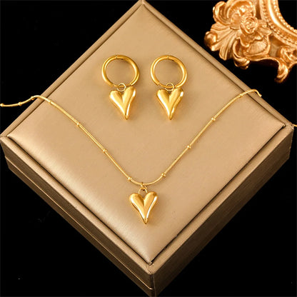 Stainless Steel Heart Love Necklace Bracelets Earrings Set For Women New Trendy 18K Gold Plated Waterproof Jewelry