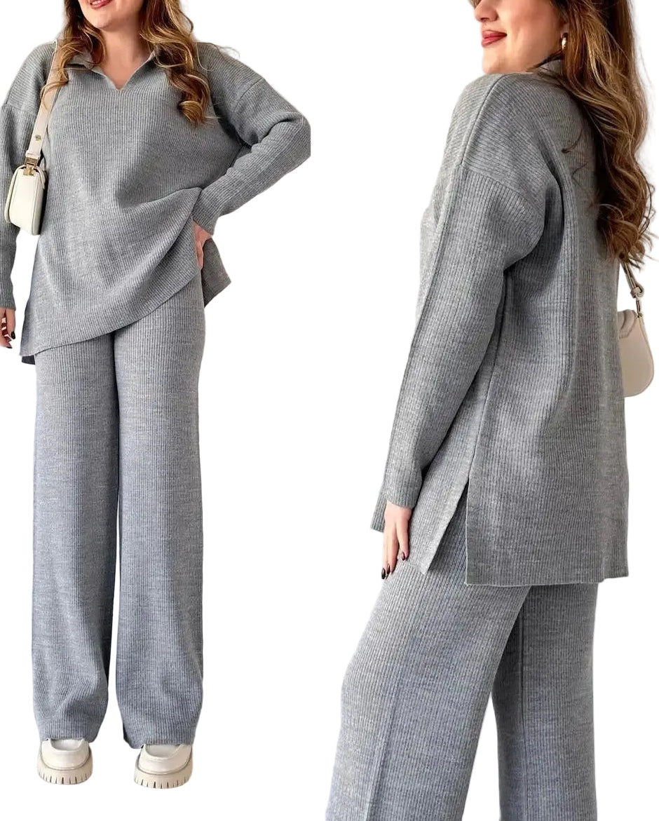 Two Piece Pant Sets Women Knit Sweater V Neck Full Sleeve