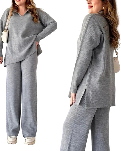 Two Piece Pant Sets Women Knit Sweater V Neck Full Sleeve