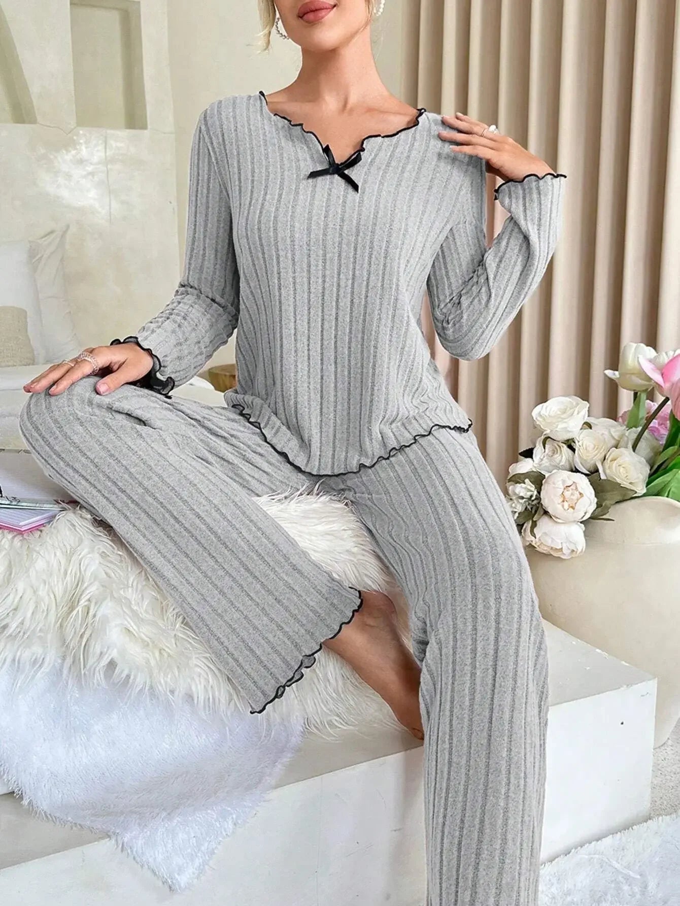 Women Autumn Winter Sleepwear Ribbed Pajamas Set Long Sleeve