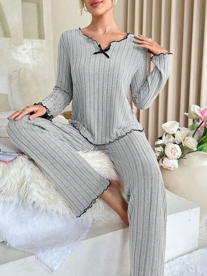 Women Autumn Winter Sleepwear Ribbed Pajamas Set Long Sleeve