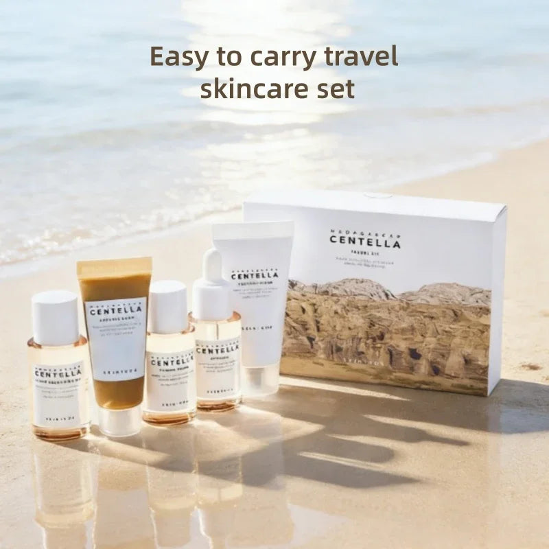 Korean Centella Travel Kit,Toner, Ampoule,Soothing Cream,Ampoule Foam,Cleansing Oil Basic Skincare Mini 5pcs Trial Kit Box