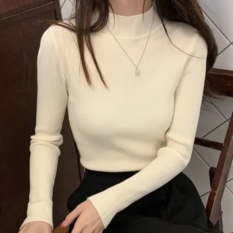 Autumn Winter Mock Neck Women Sweater Vintage Basic Solid