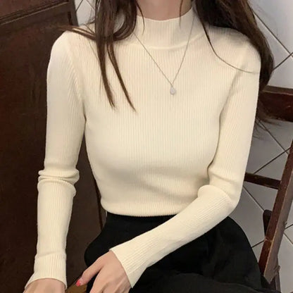 Autumn Winter Mock Neck Women Sweater Vintage Basic Solid