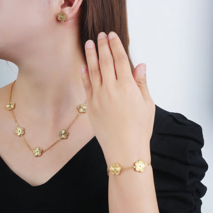 Metal Laser Five Leaf Flower Bracelet Necklace Earrings Jewelry Set
