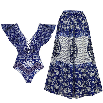 2-Piece Shoulder Ruffle Swimsuit With Cover Up Sexy Women