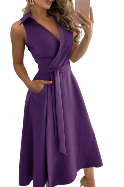 V-neck Lace Up Short Sleeved Solid Color Pocket Women