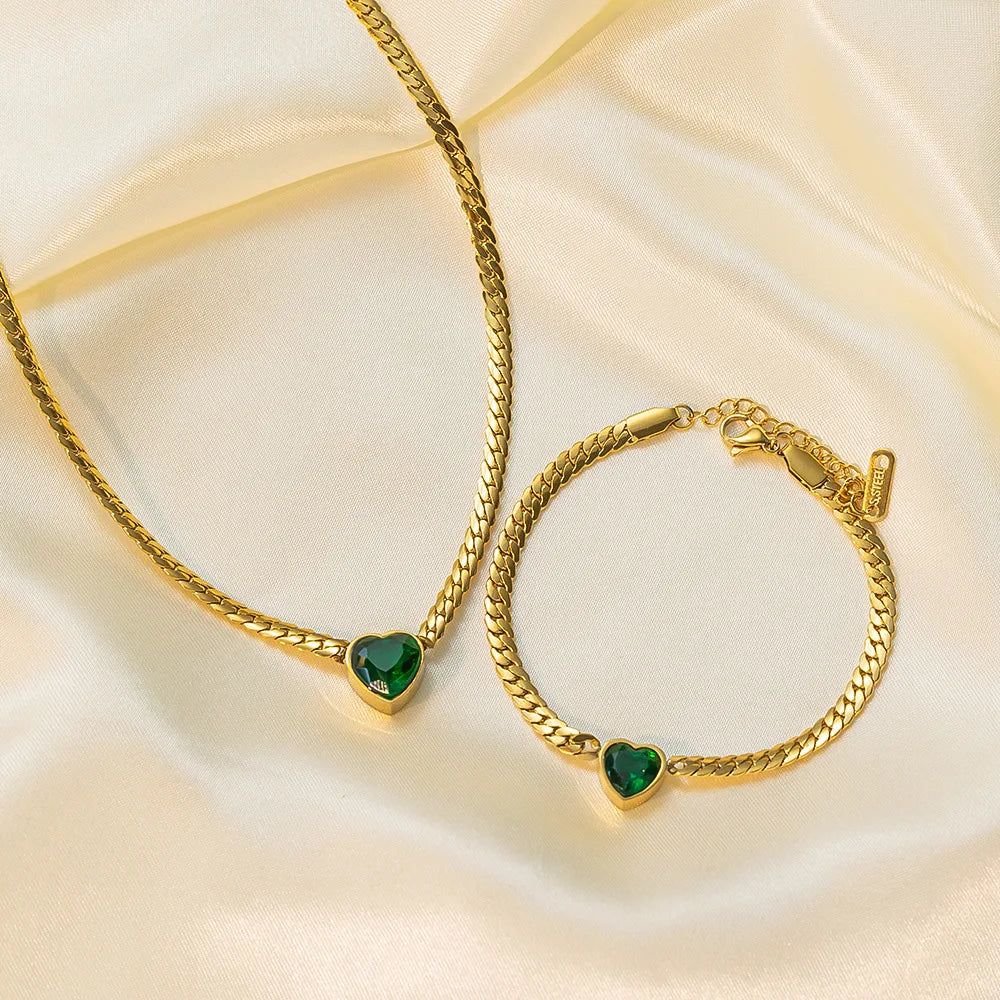 Stainless Steel Heart-Shaped Green White Crystal Pendant Necklace Bracelet For Women Fashion Jewelry Set Party Gift