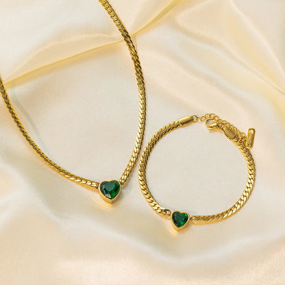 Stainless Steel Heart-Shaped Green White Crystal Pendant Necklace Bracelet For Women Fashion Jewelry Set Party Gift
