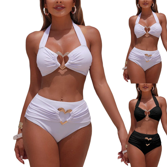 Women's White High Waisted Bikini Set Gold Heart