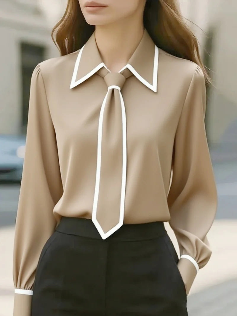 Women's fashion tie lapel design casual long-sleeved shirt