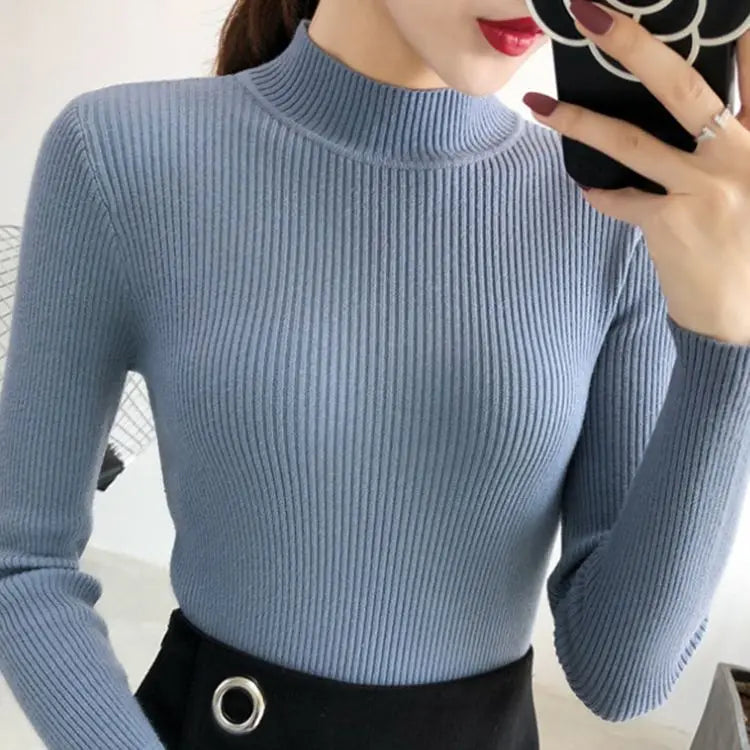 Autumn Winter Mock Neck Women Sweater Vintage Basic Solid