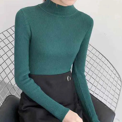 Autumn Winter Mock Neck Women Sweater Vintage Basic Solid