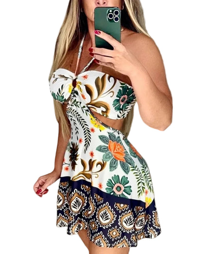 Floral Print Halter Tied Detail Elastic Shirred Back Mini Dress