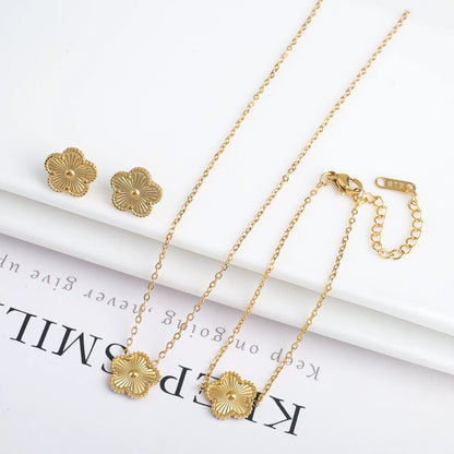 Clover Five Leaf Flower Stainless Steel Bracelet Necklace Earrings Jewelry
