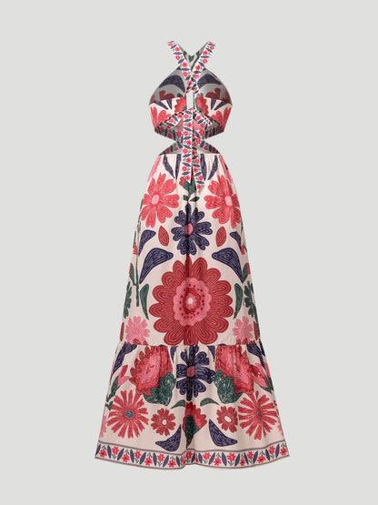 Women's Floral Halter Maxi Dress – Cutout Waist & Ruffle Hem