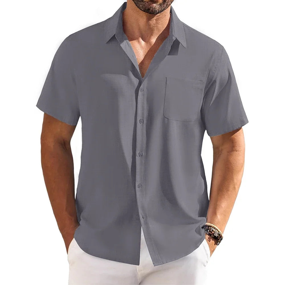 Cotton Linen Breathable Shirt for Men Solid Color Turn Down Collar